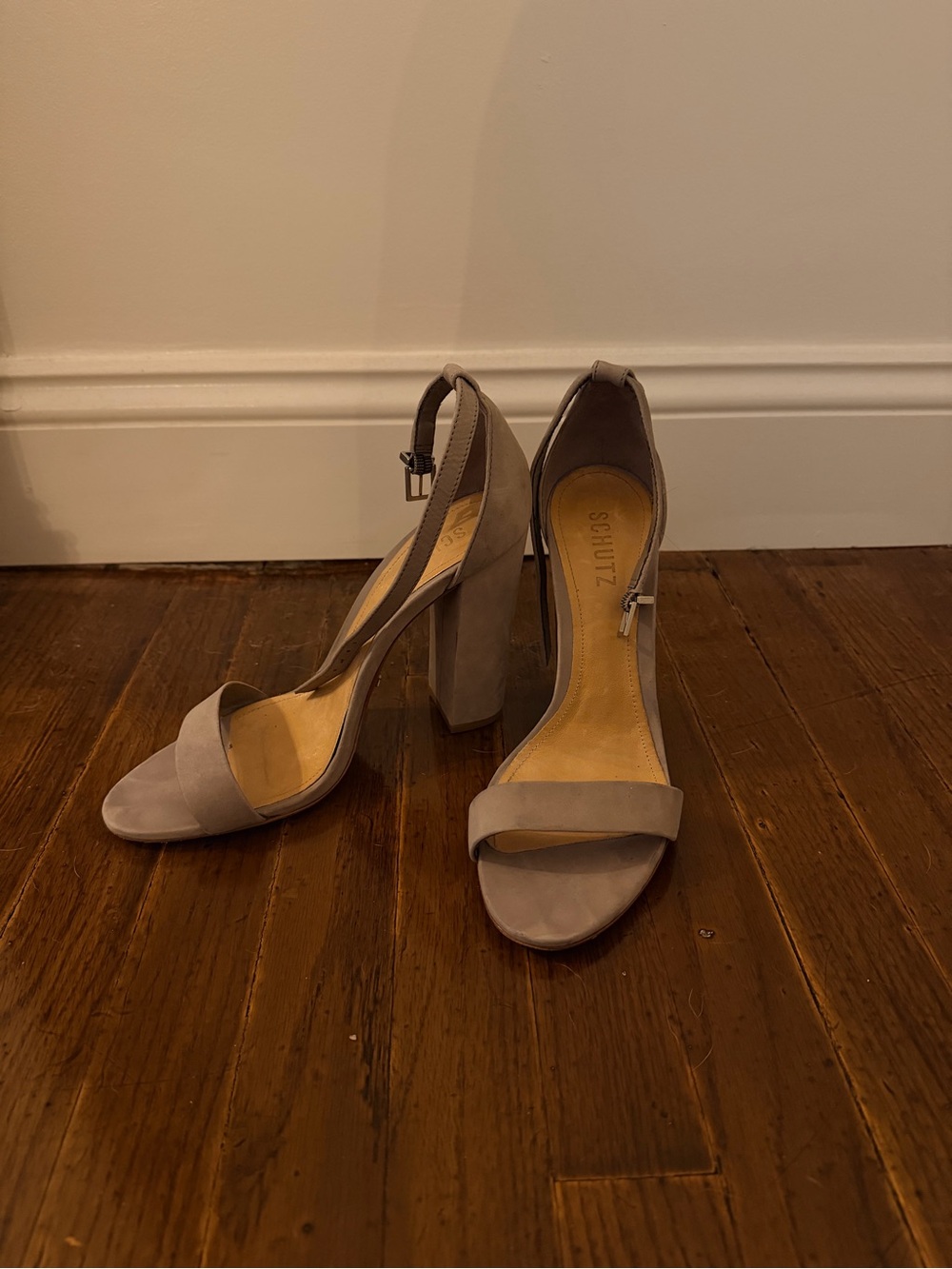 SCHUTZ Taupe Suede Open-Toe Block Heel Sandals